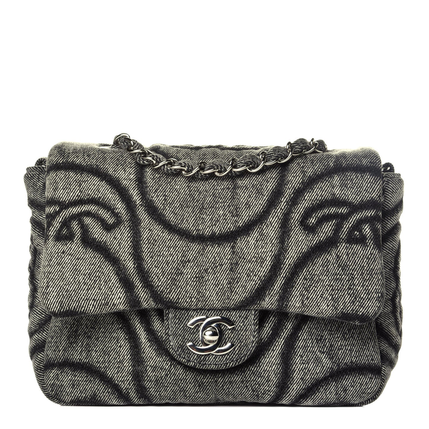 Denim Embossed CC Logo Print Mini Single Flap Black