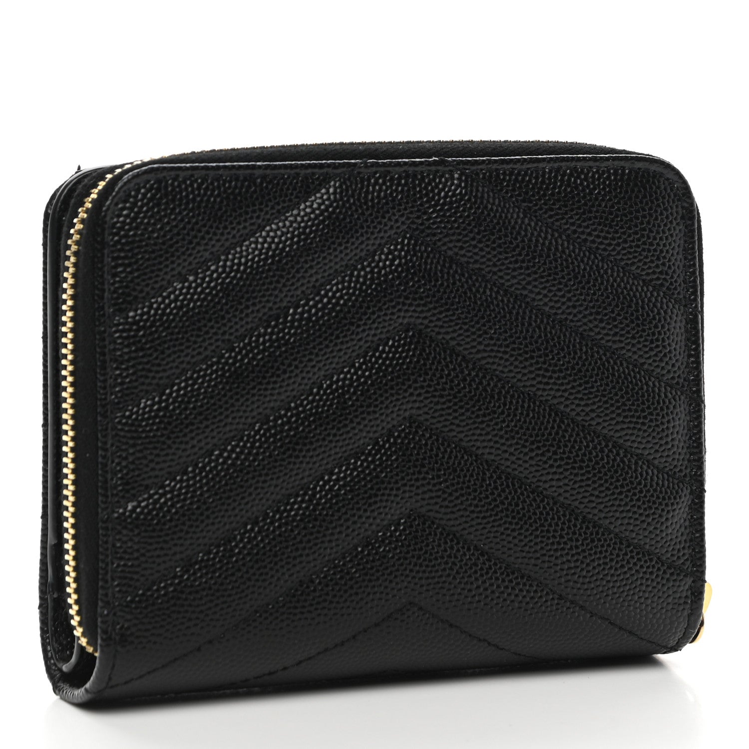 Saint Laurent Grain De Poudre Matelasse Chevron Monogram Compact Zip Around Wallet Black 3 of 10