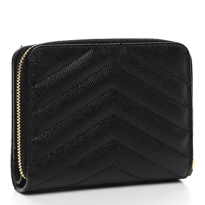Saint Laurent Grain De Poudre Matelasse Chevron Monogram Compact Zip Around Wallet Black 3 of 10