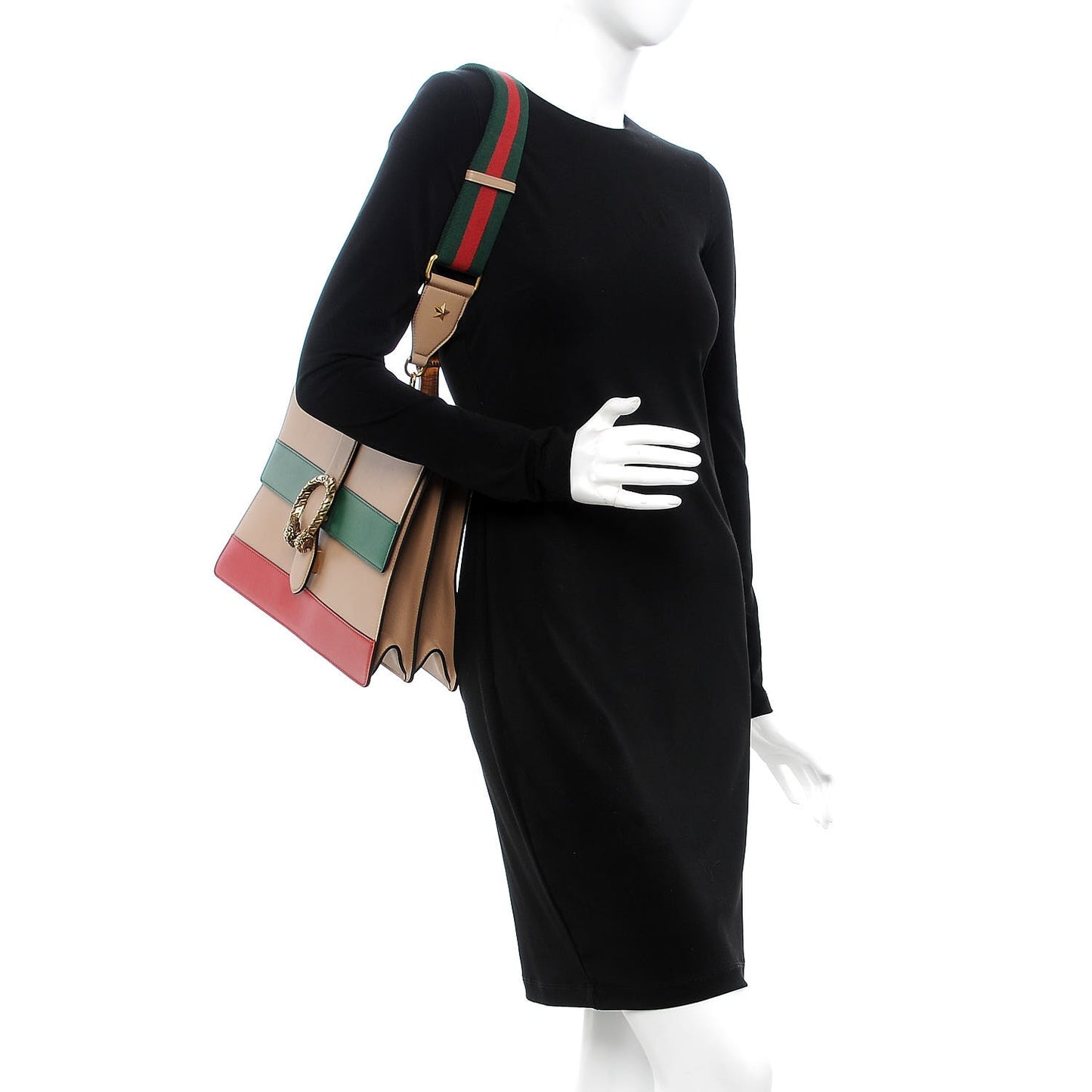 Moon Calfskin Web Large Dionysus Bamboo Top Handle Bag Camelia Bright Evergreen Hibiscus Red
