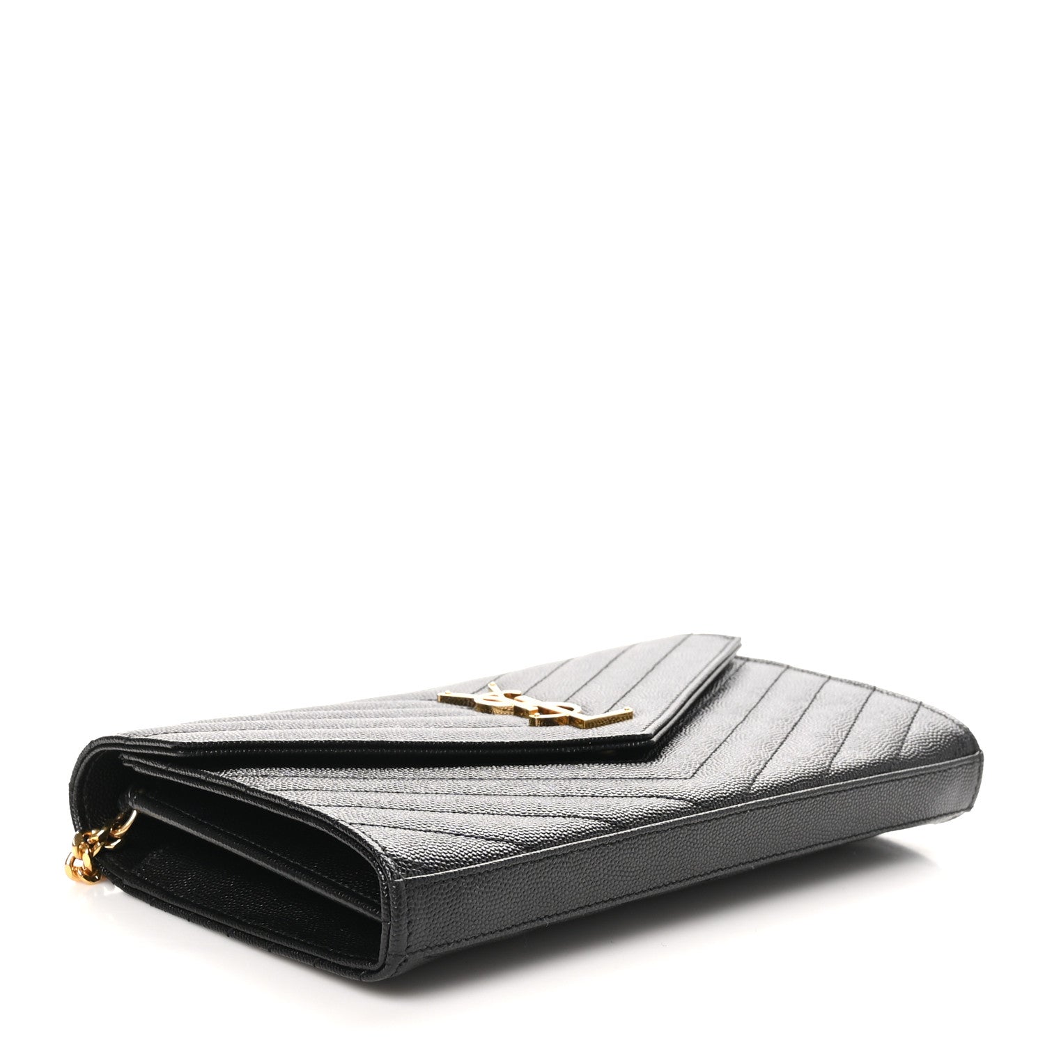 Saint Laurent Grain De Poudre Matelasse Chevron Monogram Chain Wallet Black 4 of 9