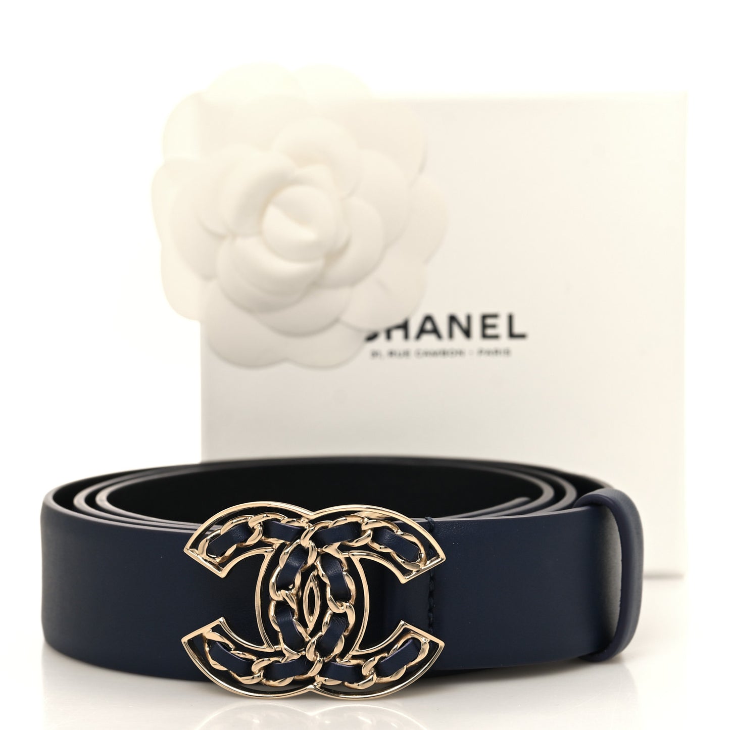 Calfskin Quilted CC Belt 95 38 Navy