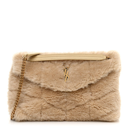 Saint Laurent Shearling Quilted Small Loulou Monogram Chain Satchel Natural Beige 1 of 10
