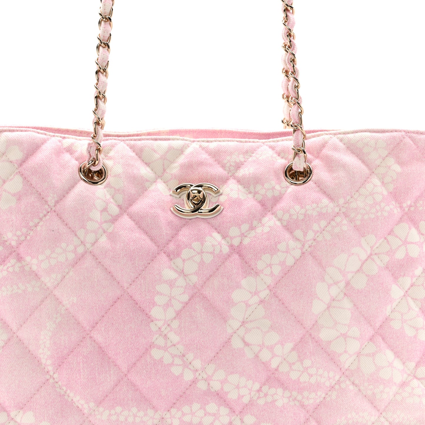 Printed Denim Quilted Coco Beach Shopping Tote Pink White