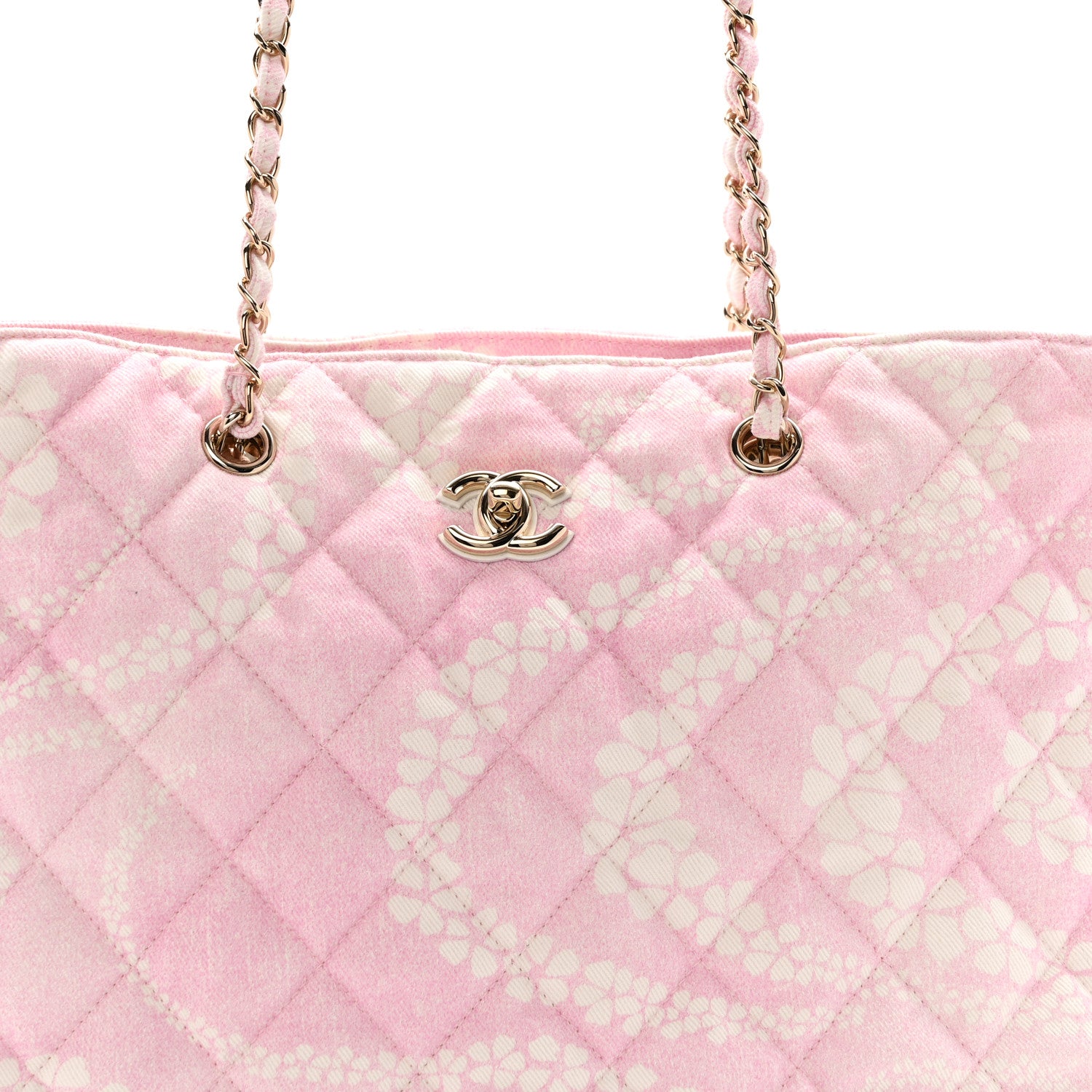 Chanel Printed Denim Quilted Coco Beach Shopping Tote Pink White 9 of 13