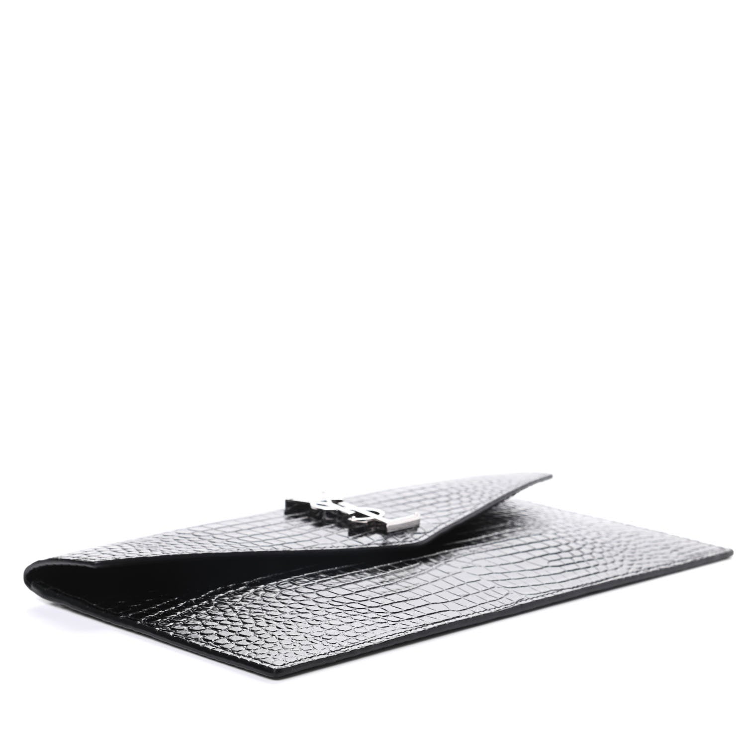 Saint Laurent Calfskin Crocodile Embossed Uptown Monogram Clutch Black 3 of 7