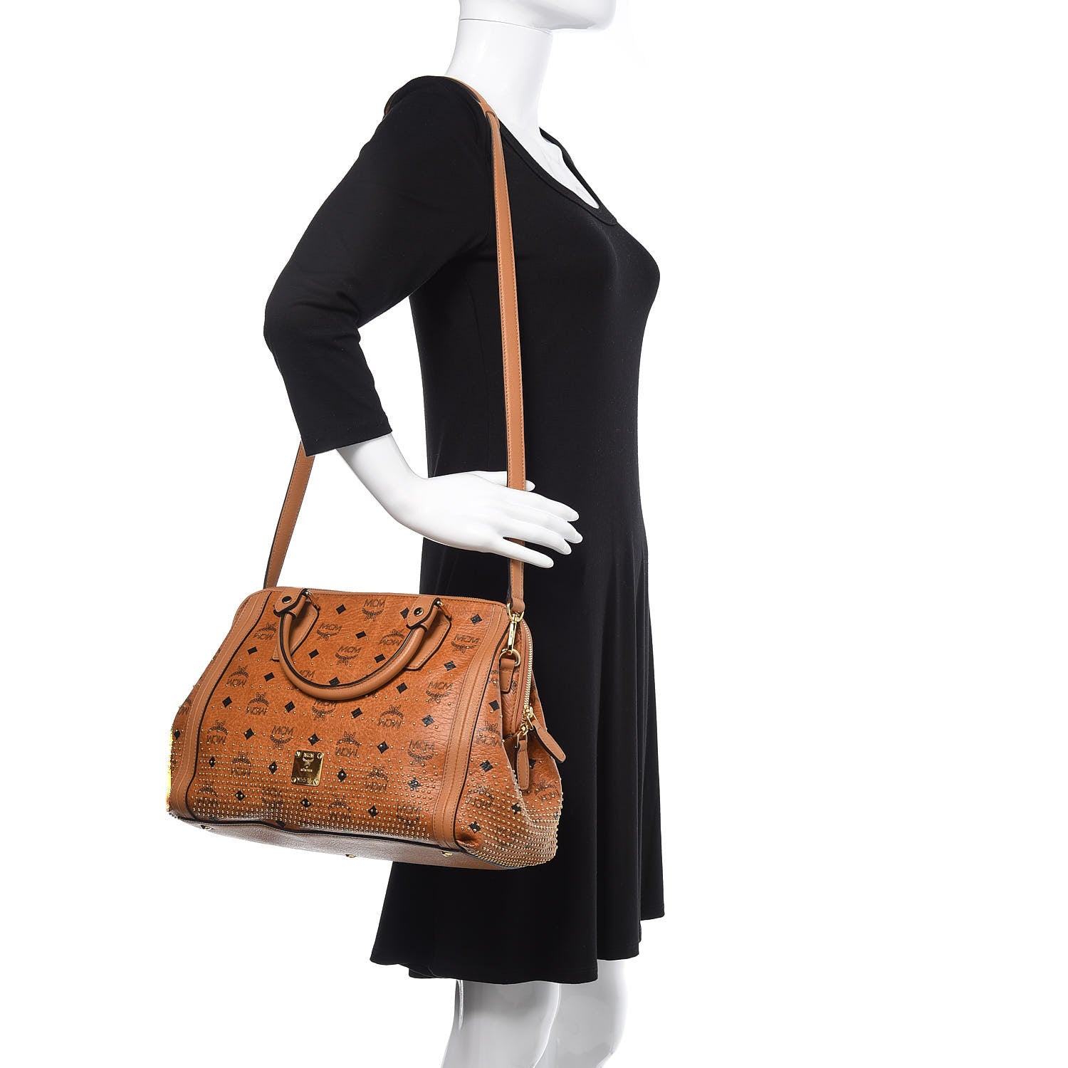 MCM Visetos Studded Medium Boston Satchel Cognac 2 of 10