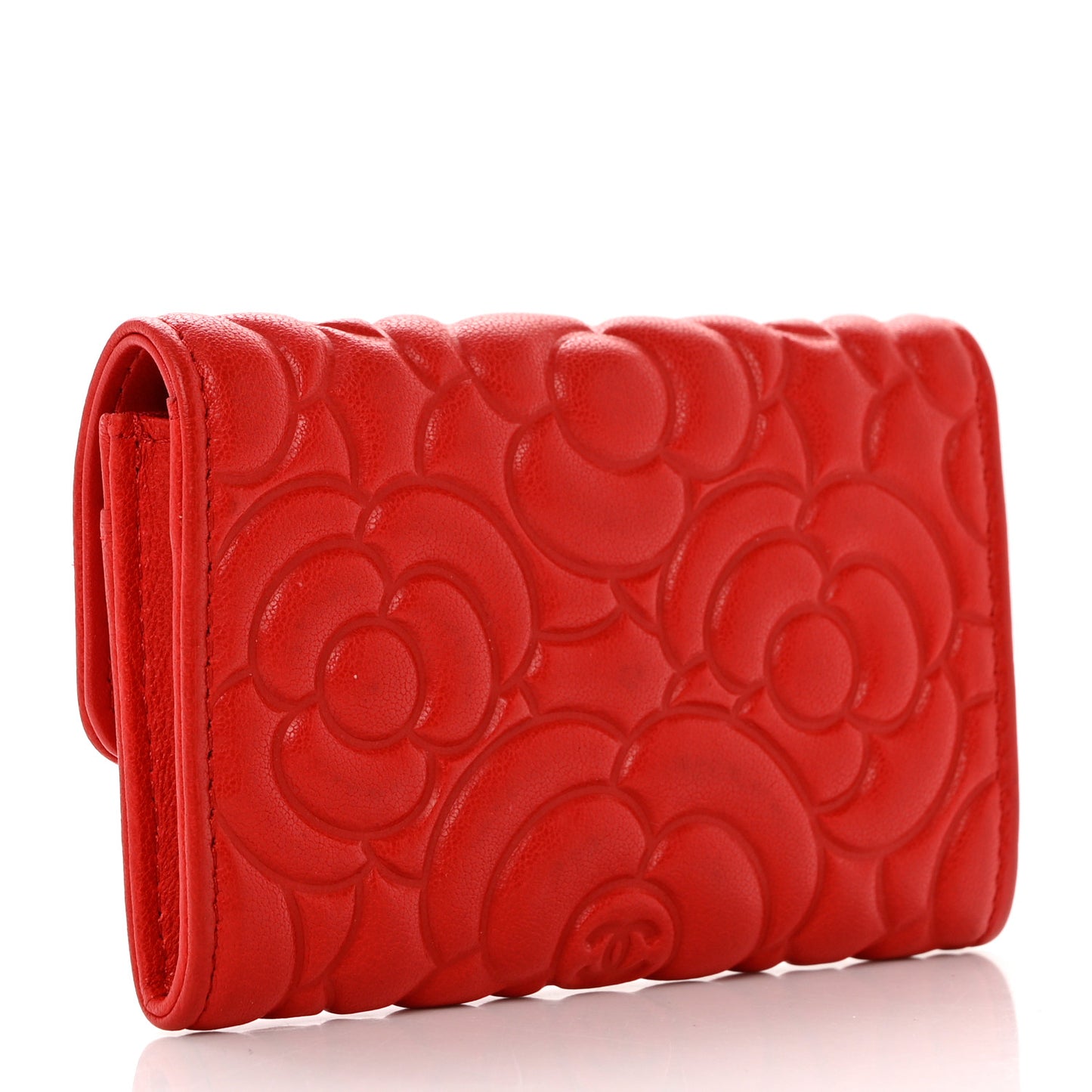 Goatskin Camellia Embossed Card Holder Red