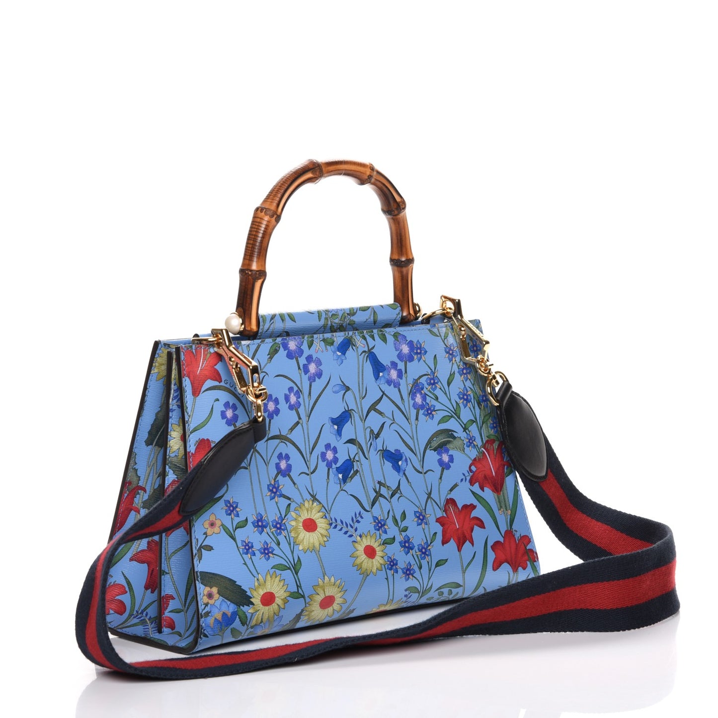 Calfskin Bamboo Web New Flora Small Nymphaea Top Handle Bag Azure