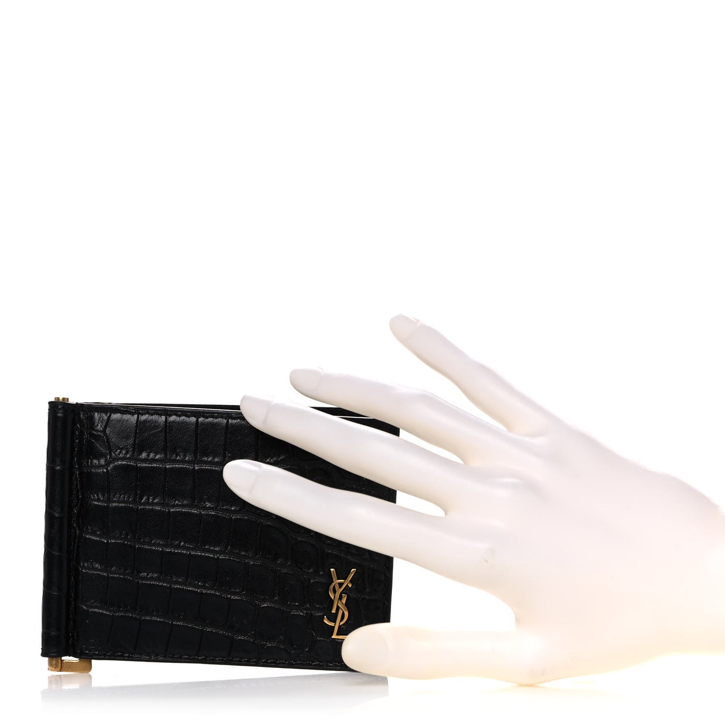 Calfskin Crocodile Embossed Tiny Monogram Bill Clip Wallet Black