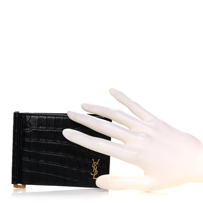 Saint Laurent Calfskin Crocodile Embossed Tiny Monogram Bill Clip Wallet Black 2 of 10