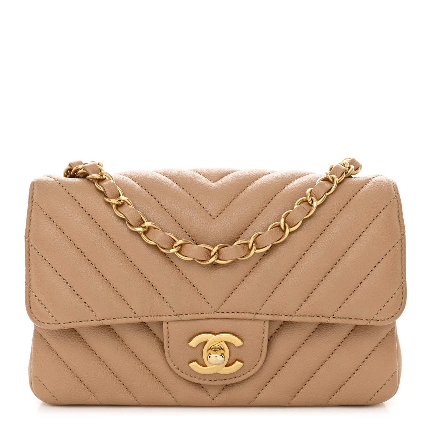 Calfskin Chevron Quilted Mini Rectangular Flap Dark Beige