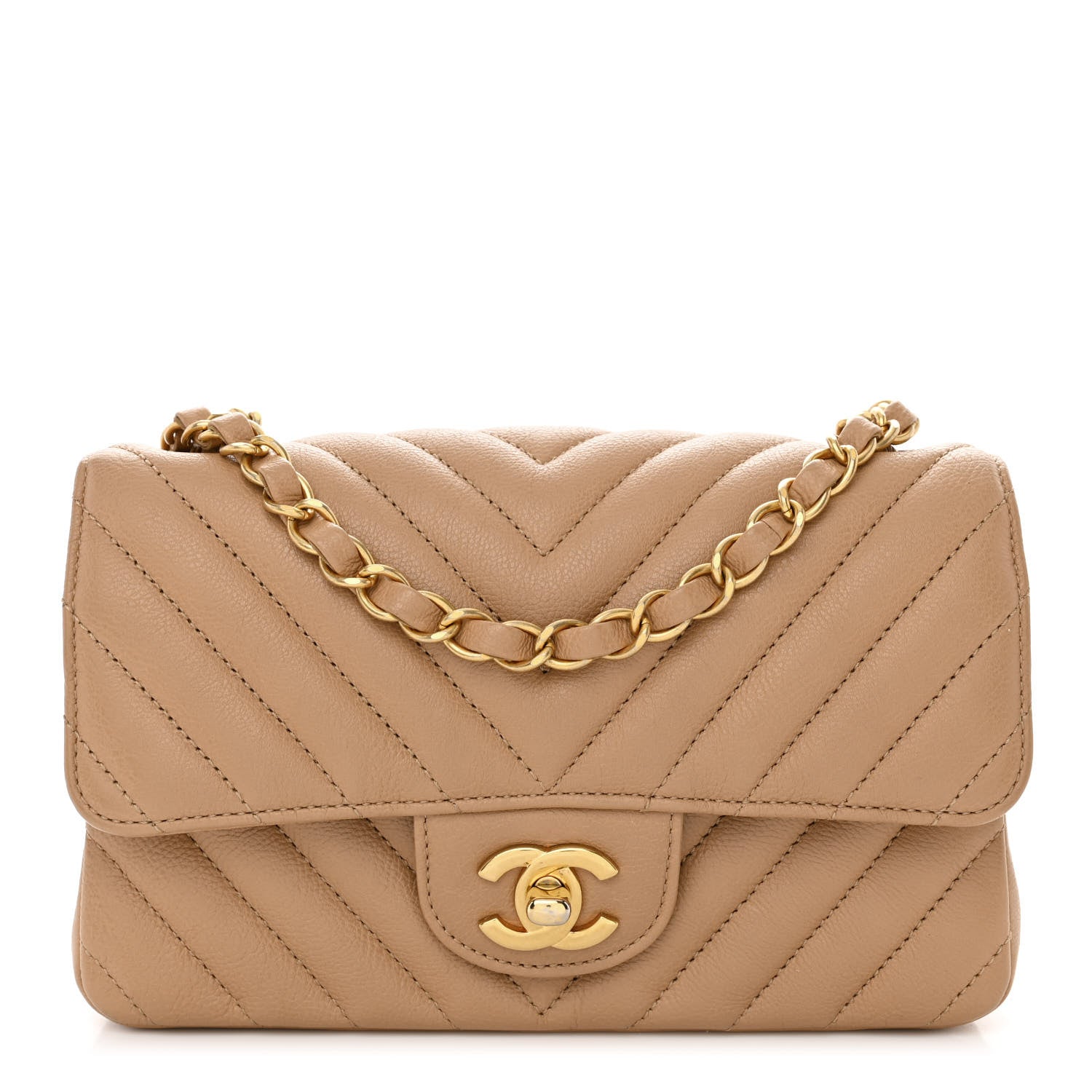 Chanel Calfskin Chevron Quilted Mini Rectangular Flap Dark Beige 1 of 10