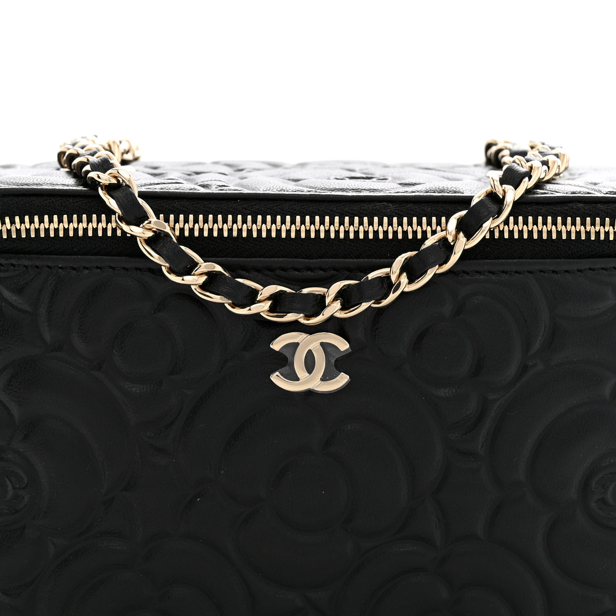 Chanel Lambskin Camellia Embossed Small Vanity Case With Chain Black 8 of 11