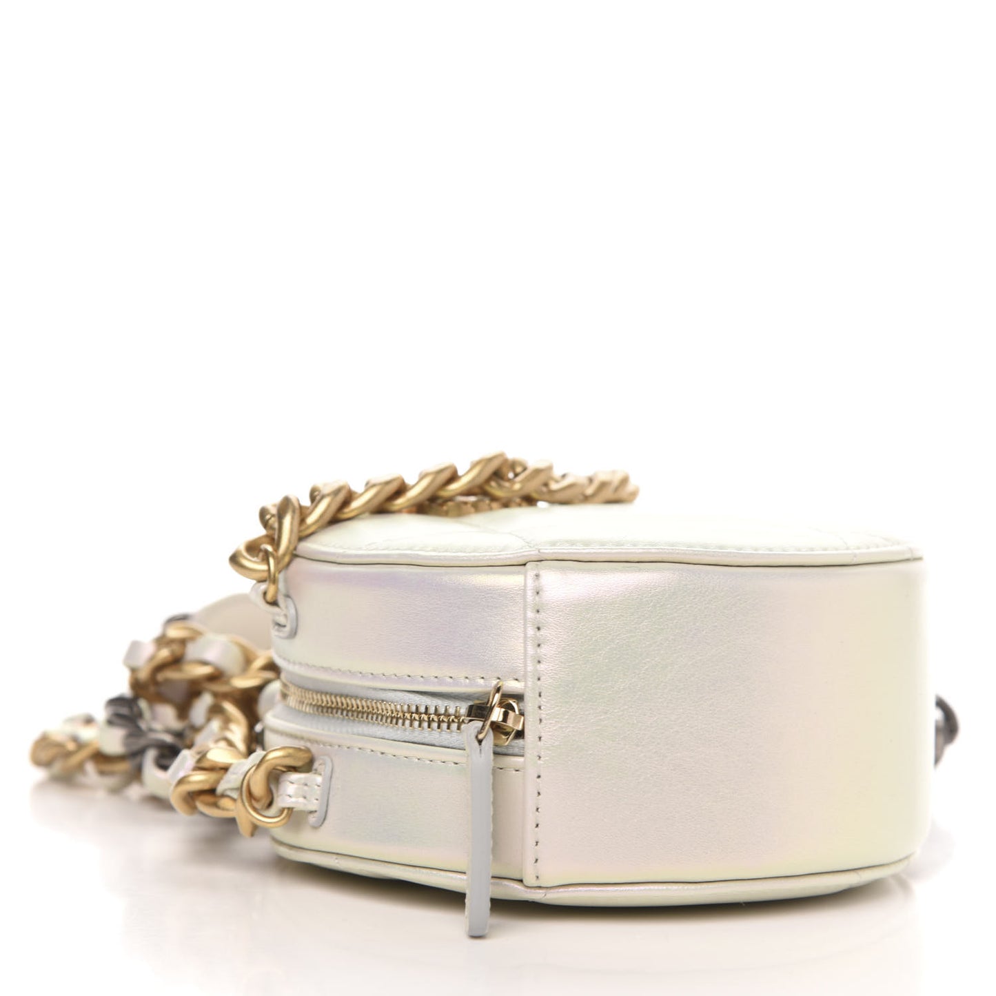 Iridescent Calfskin Quilted 19 Round Clutch With Chain White
