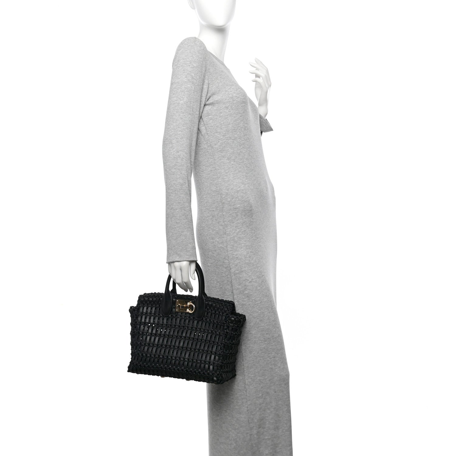 Salvatore Ferragamo Raffia Calfskin The Studio Box Tote Black