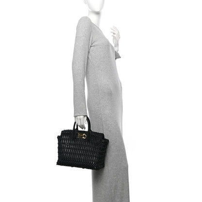 Salvatore Ferragamo Raffia Calfskin The Studio Box Tote Black 2 of 12