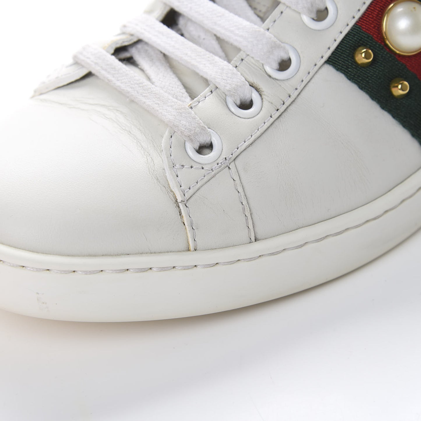 Calfskin Web Pearl Studded Womens Ace Sneakers 36.5 White