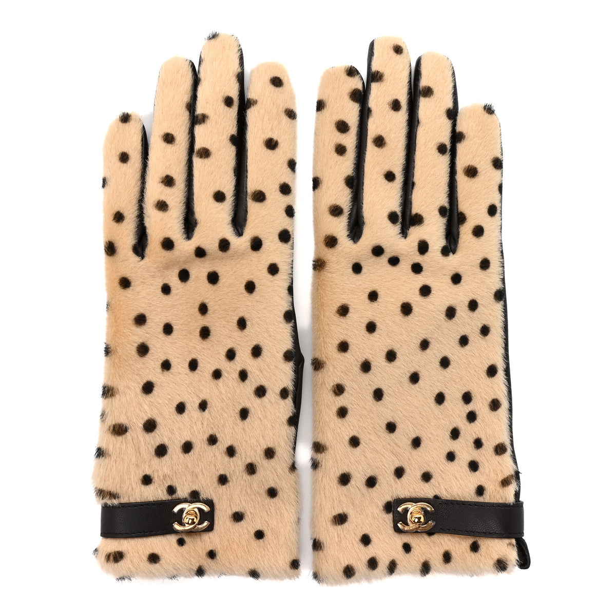 Lambskin Ponyhair Gloves 7.5 Beige Black Golden