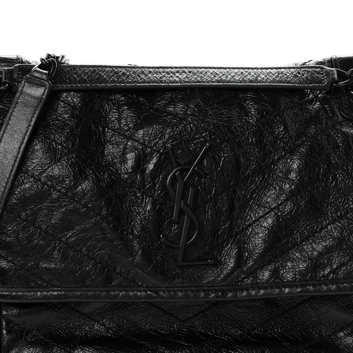 Crinkled Calfskin Matelasse Monogram Medium Niki Chain Satchel Black