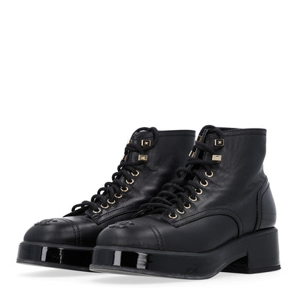 Chanel Shiny Calfskin Patent Lace Up Combat Short Boots 38.5 Black 4 of 10