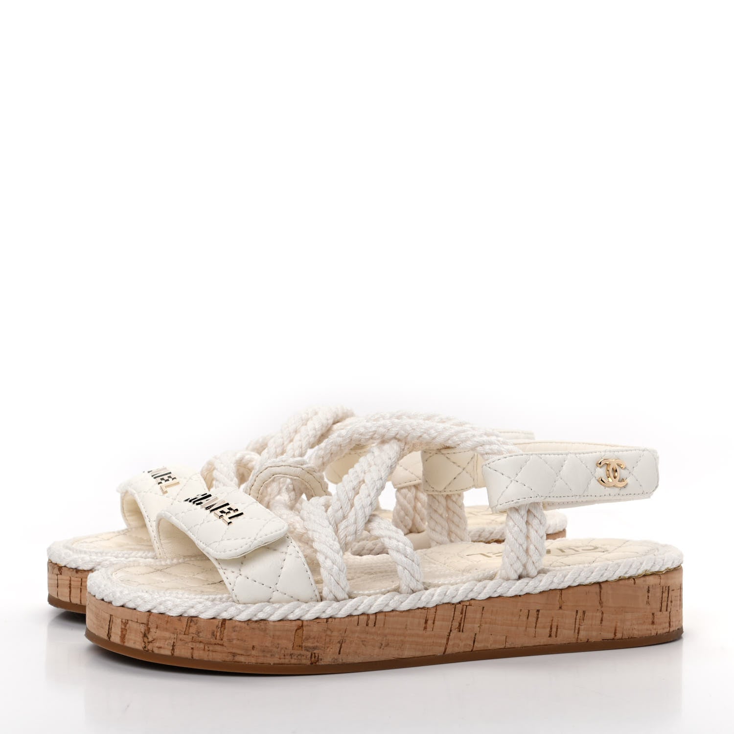 Chanel Cord Lambskin Quilted Logo Sandals 36 White 3 of 11