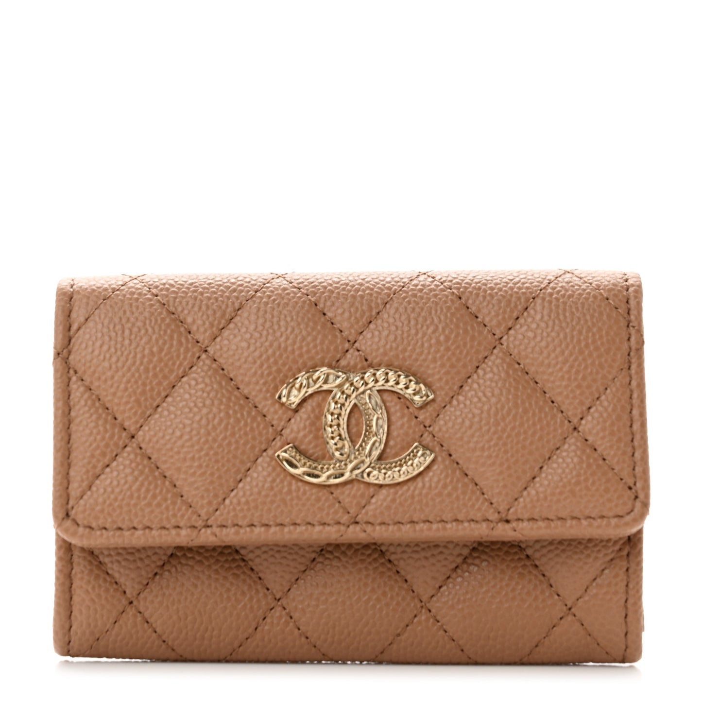 Caviar Quilted Multi Chain CC Flap Card Holder Beige