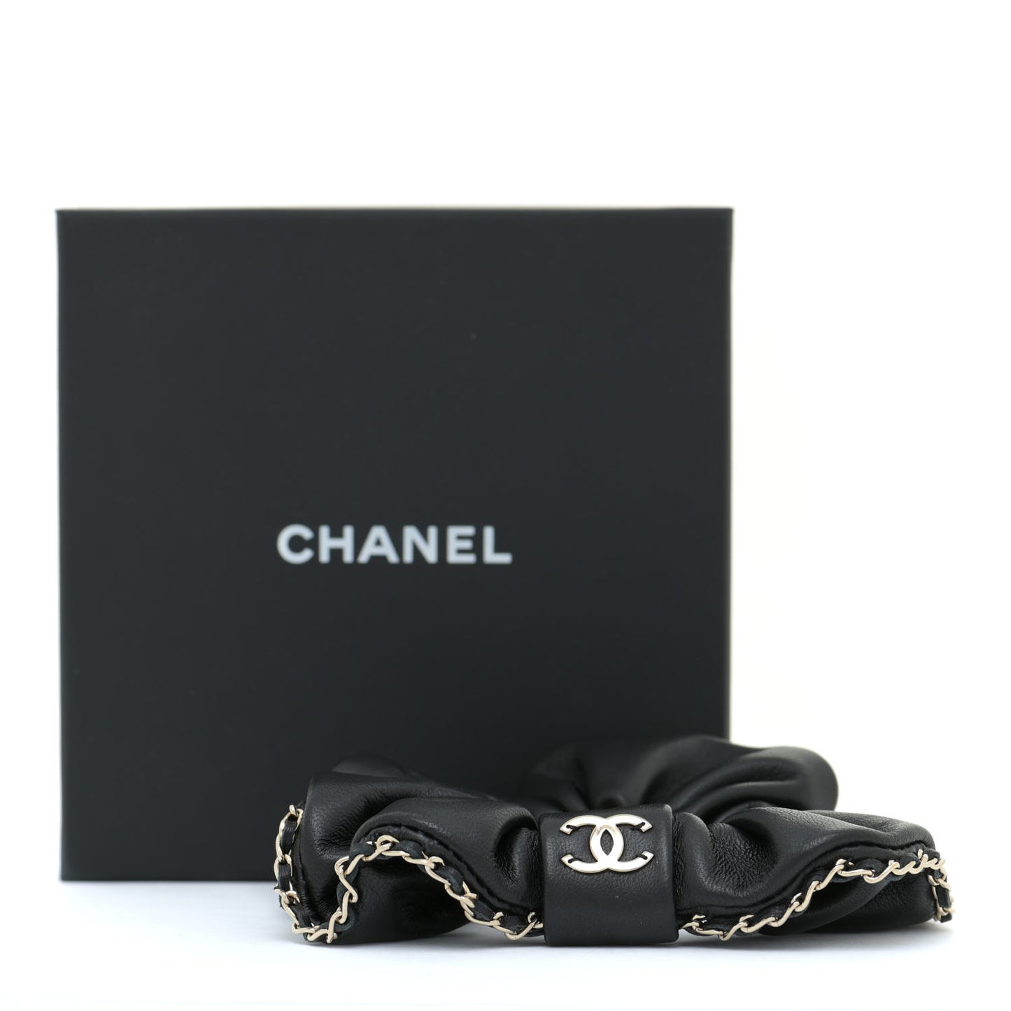 Lambskin Chain CC Hair Scrunchie Black Gold
