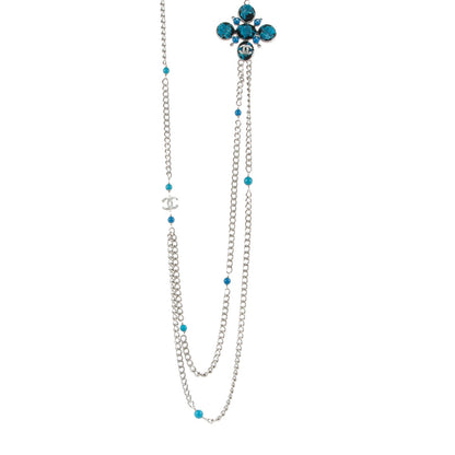 Chanel Gripoix Poured Glass Tweed Crystal CC Long Necklace Brooch Silver Blue 1 of 8