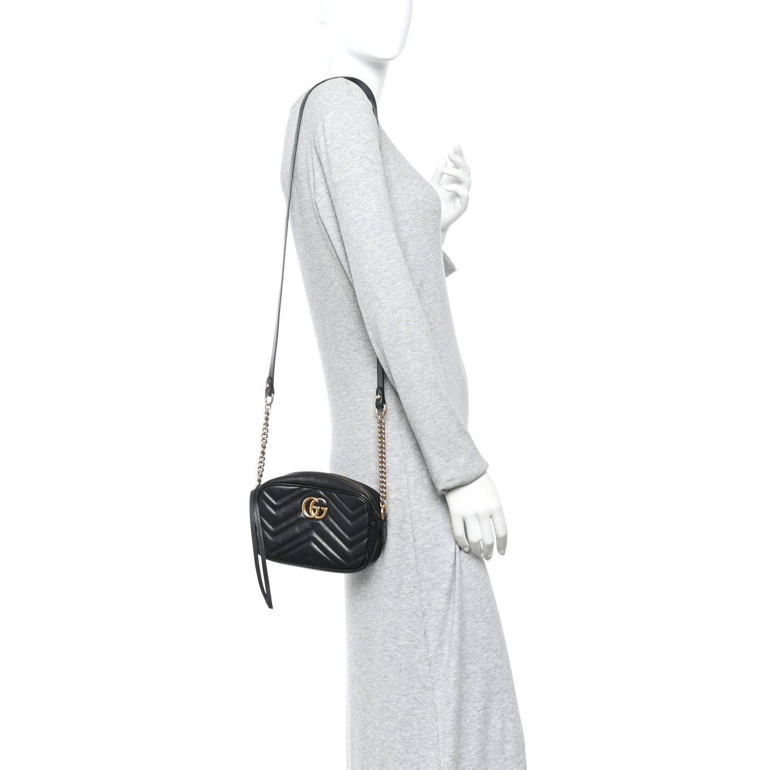 Gucci Calfskin Matelasse Mini GG Marmont Chain Shoulder Bag Black 2 of 11
