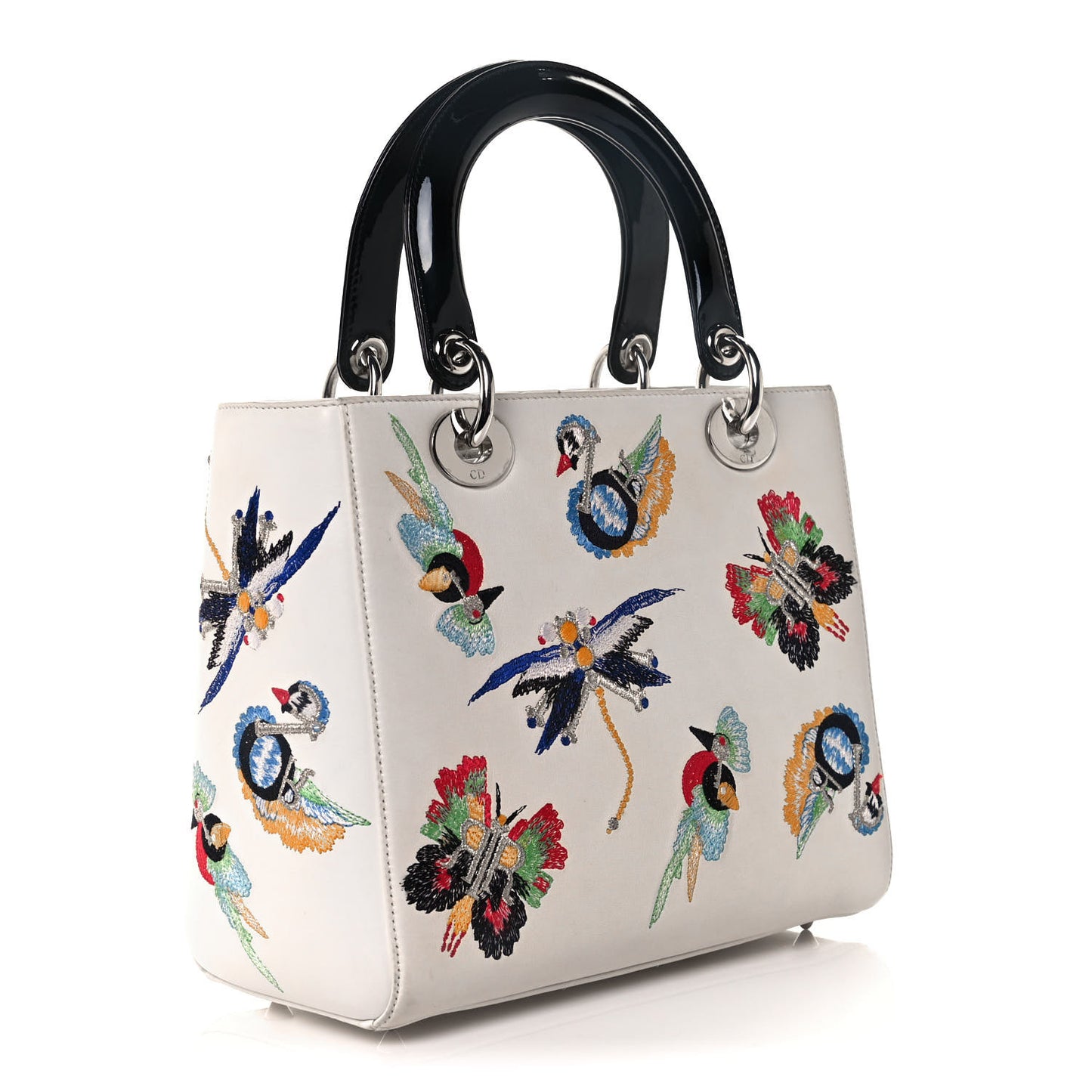 Smooth Calfskin Embroidered Medium Lady Dior White Multicolor