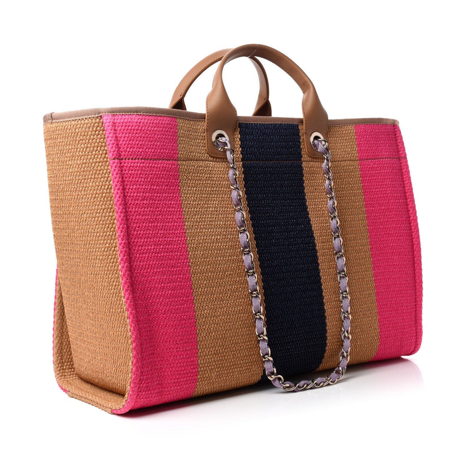 Straw Raffia Calfskin Striped Large Deauville Tote Dark Beige Fuchsia Navy Blue