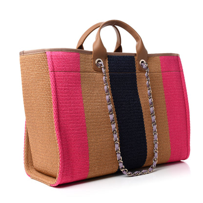 Chanel Straw Raffia Calfskin Striped Large Deauville Tote Dark Beige Fuchsia Navy Blue 4 of 11