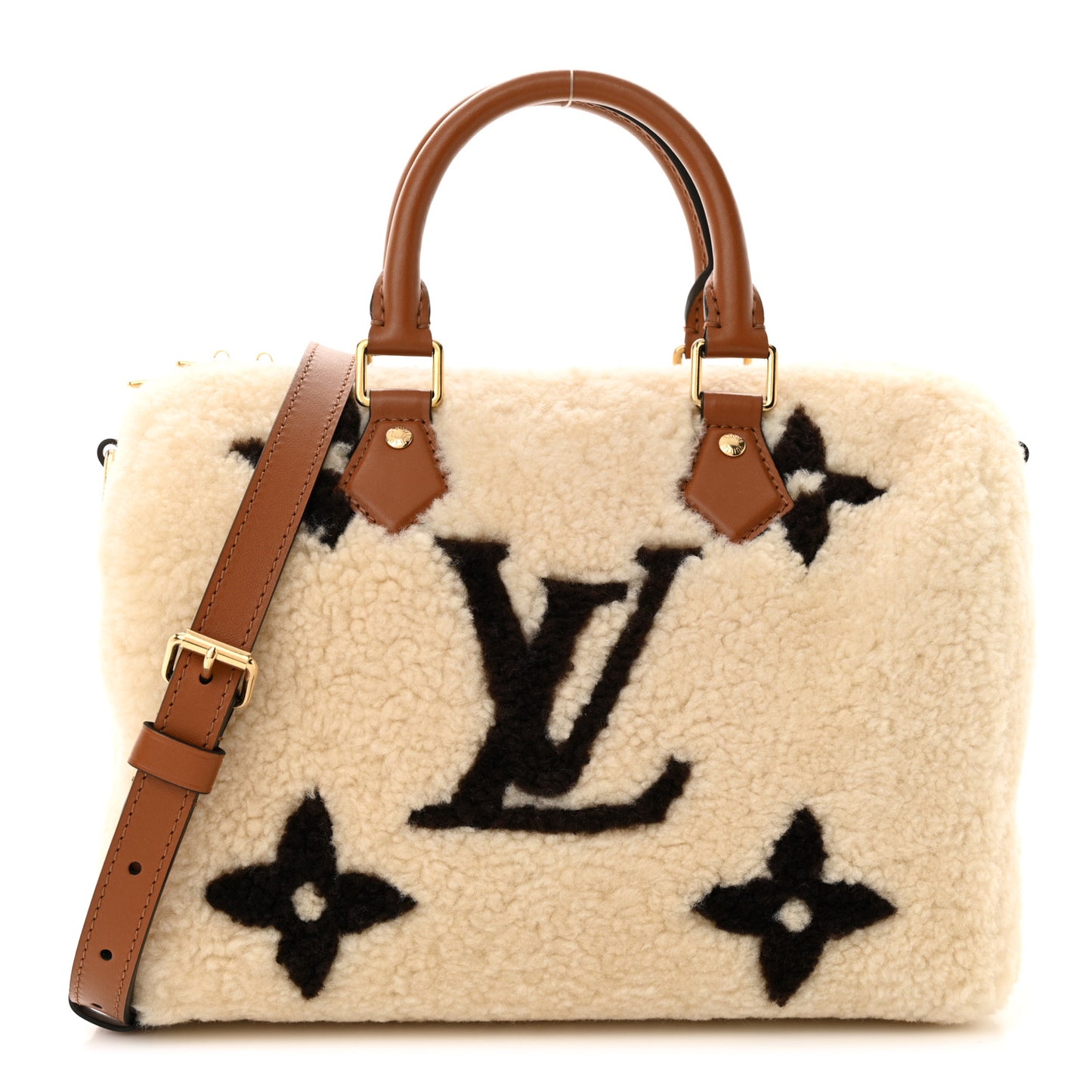 Monogram Shearling Speedy Bandouliere 25 Cream Brown