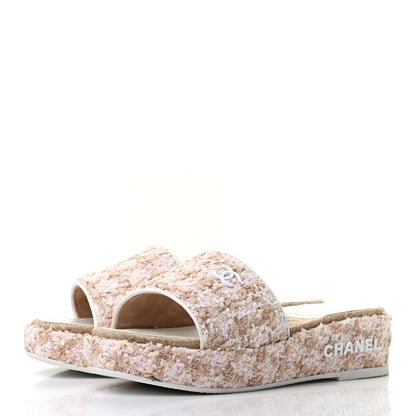 Chanel Tweed CC Platform Mule Sandal 35 Beige Pink 3 of 8