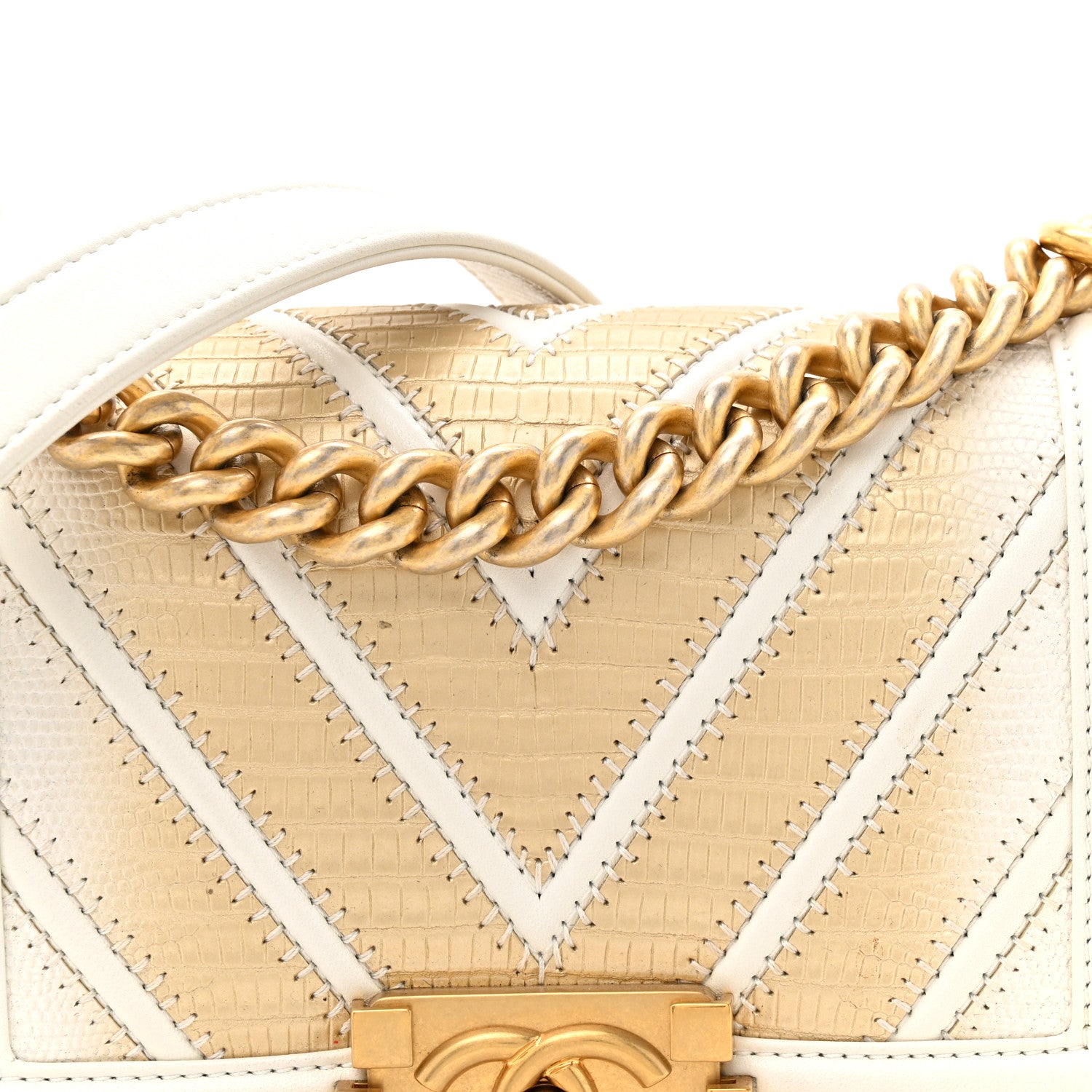 Chanel Lizard Chevron Small Boy Flap White Gold 8 of 13