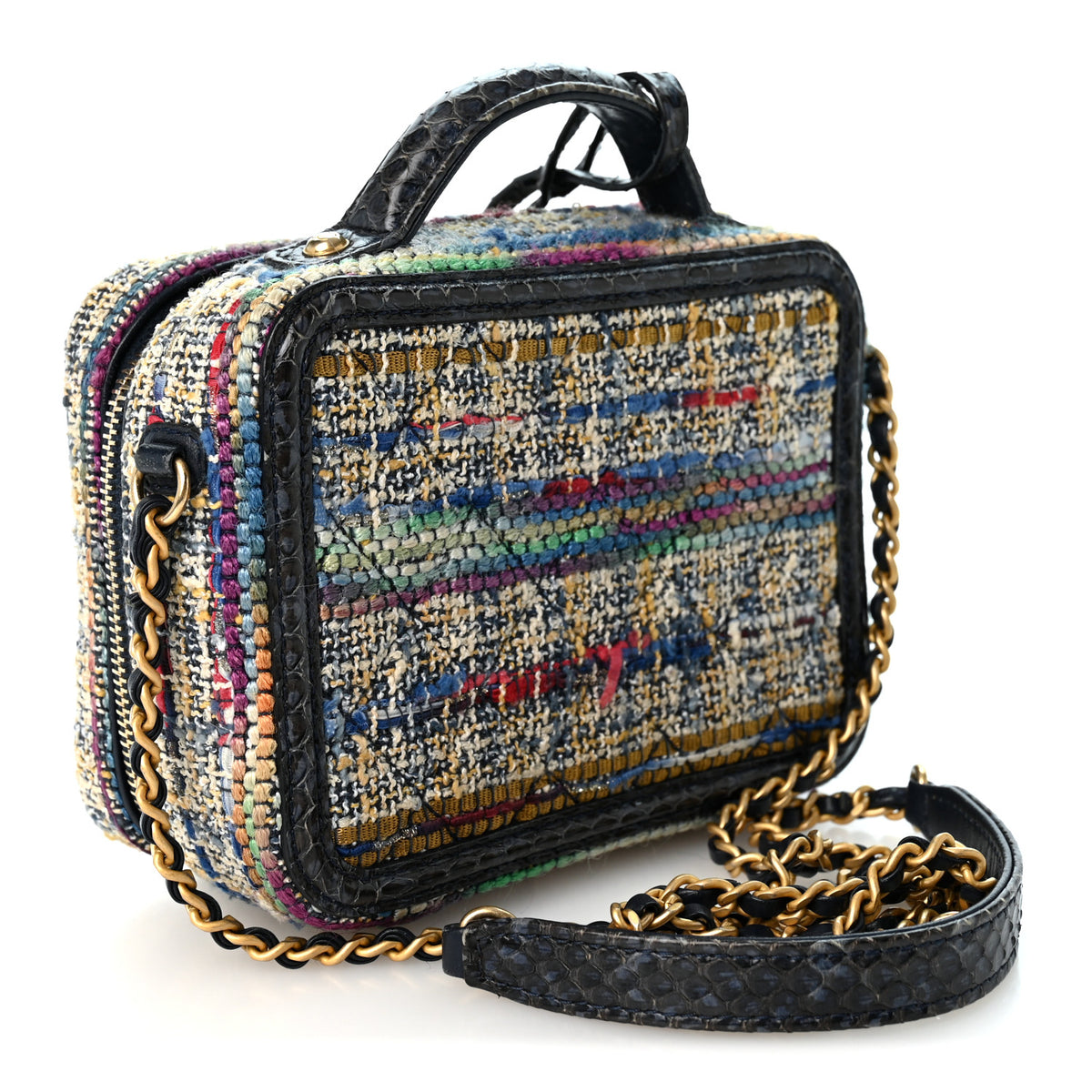 Tweed Snakeskin Quilted Small CC Filigree Vanity Case Navy Multicolor