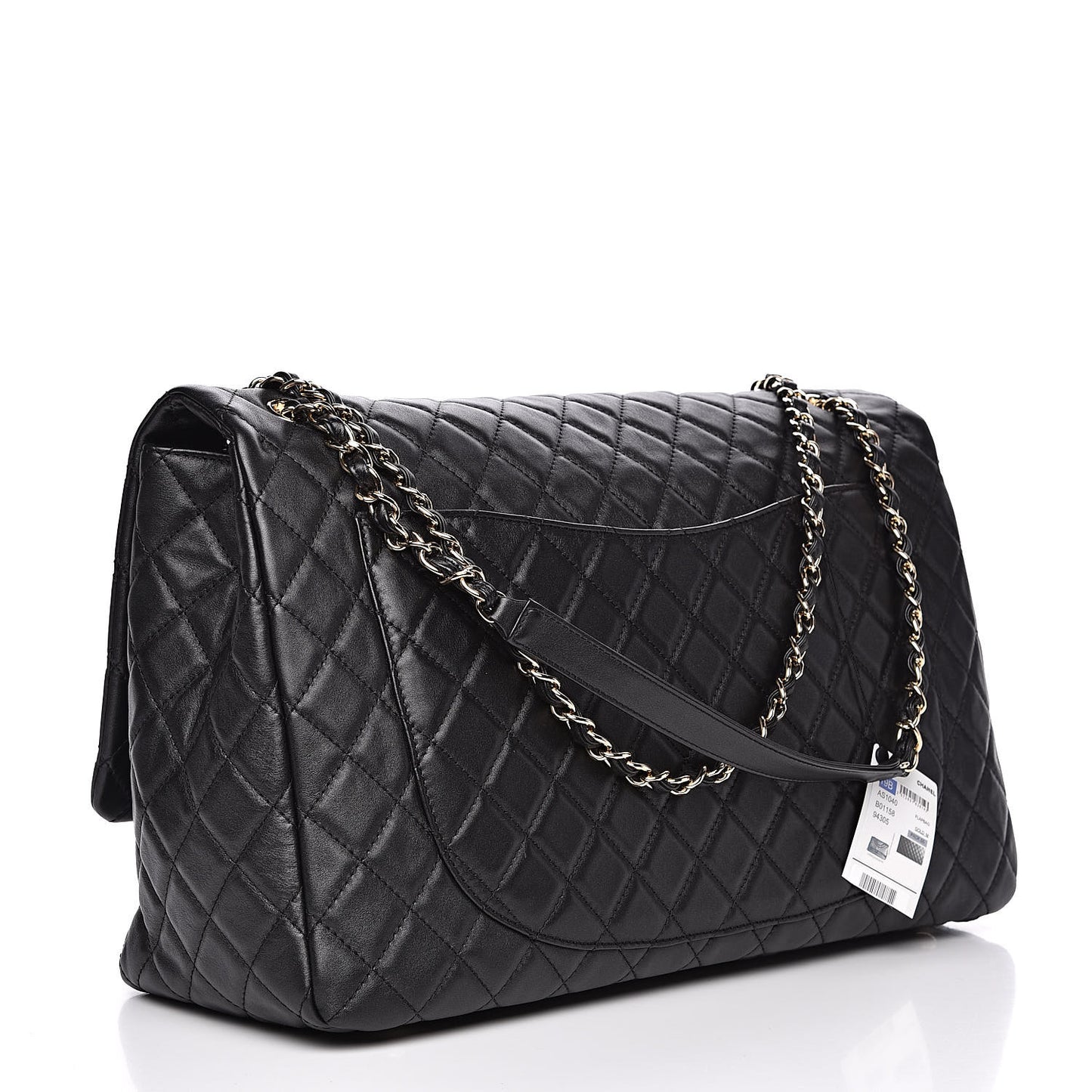Metallized Calfskin Quilted XXL Travel Flap Bag Black