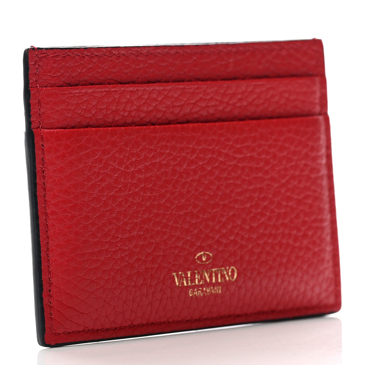 Pebbled Calfskin Rockstud Card Holder Red