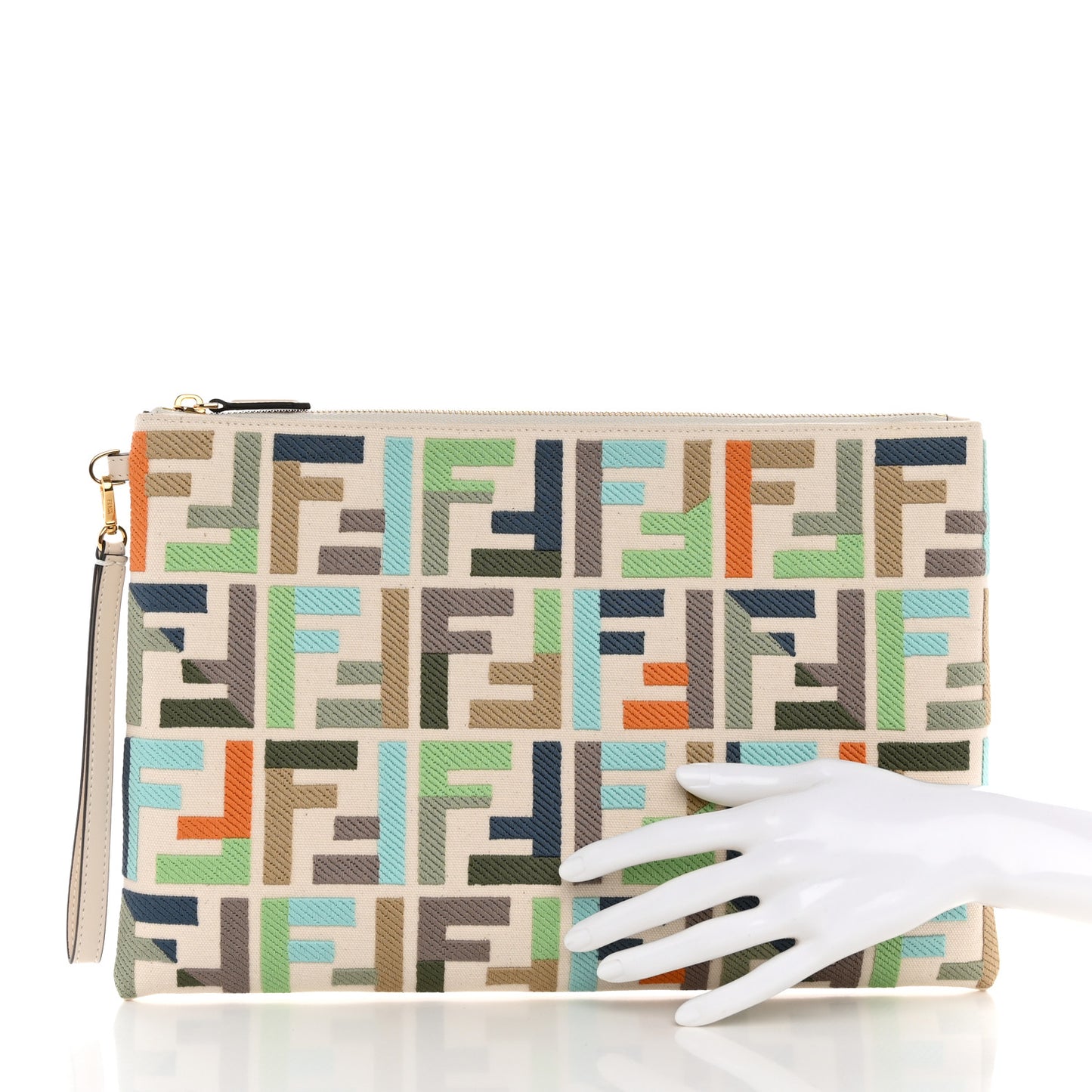 Kuban Canvas Vitello King FF Embroidered Large Flat Pouch Grezzo Multicolor Latte