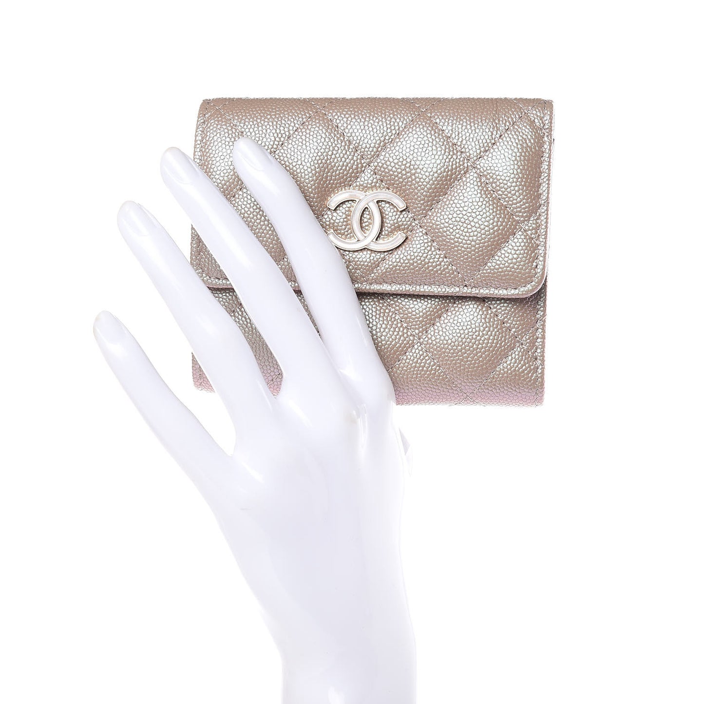 Iridescent Caviar Quilted Small Flap Wallet Beige