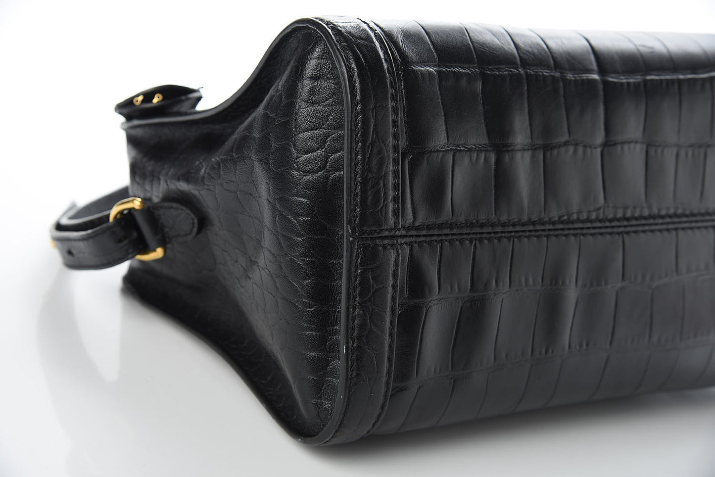 Calfskin Crocodile Embossed Small Skull Padlock Zip Around Tote Black