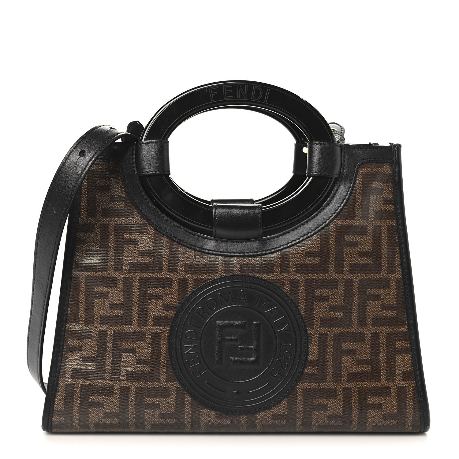 Fendi Glazed Fabric Vitello Century Plexiglass FF 1974 Stamp Patch Small Runaway Shopper Tote Mogano Panna Black 1 of 12