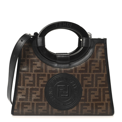Fendi Glazed Fabric Vitello Century Plexiglass FF 1974 Stamp Patch Small Runaway Shopper Tote Mogano Panna Black 1 of 12