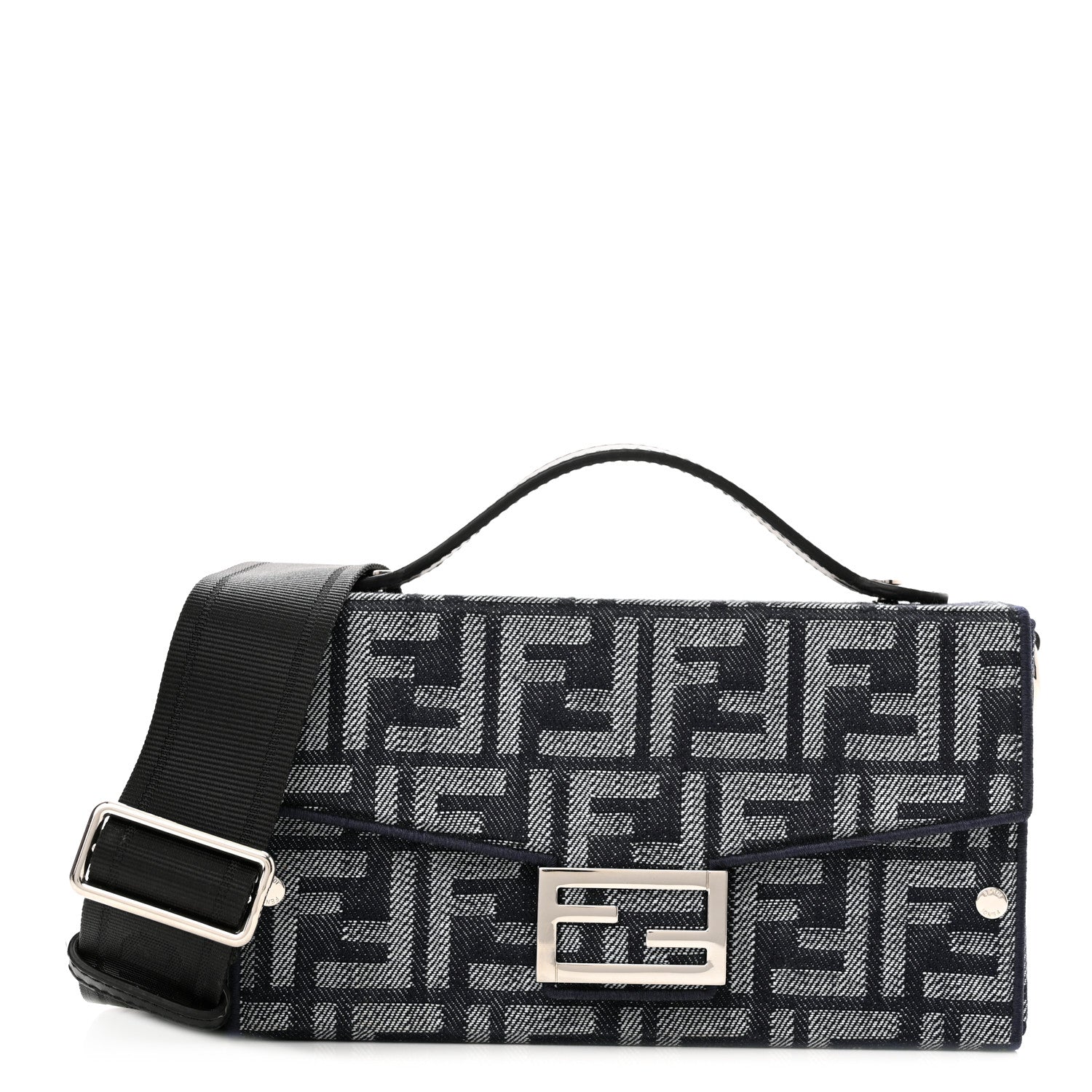 Fendi Fabric Jacquard Reactive Jean Denim Vitello Cover FF Baguette Soft Trunk Blue Black 1 of 11