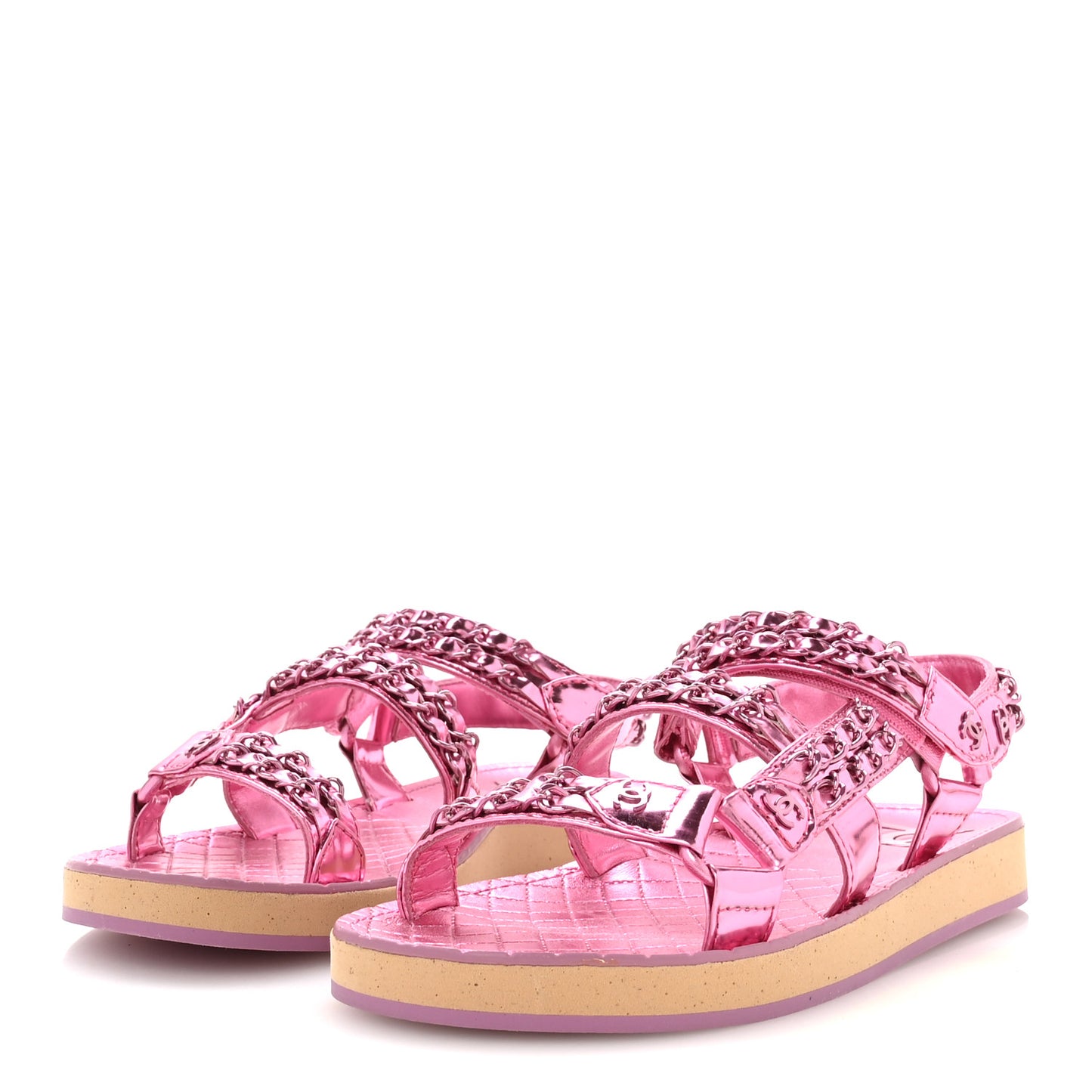 Metallic Laminated Goatskin Chain Flat Sandals 37.5 Pink