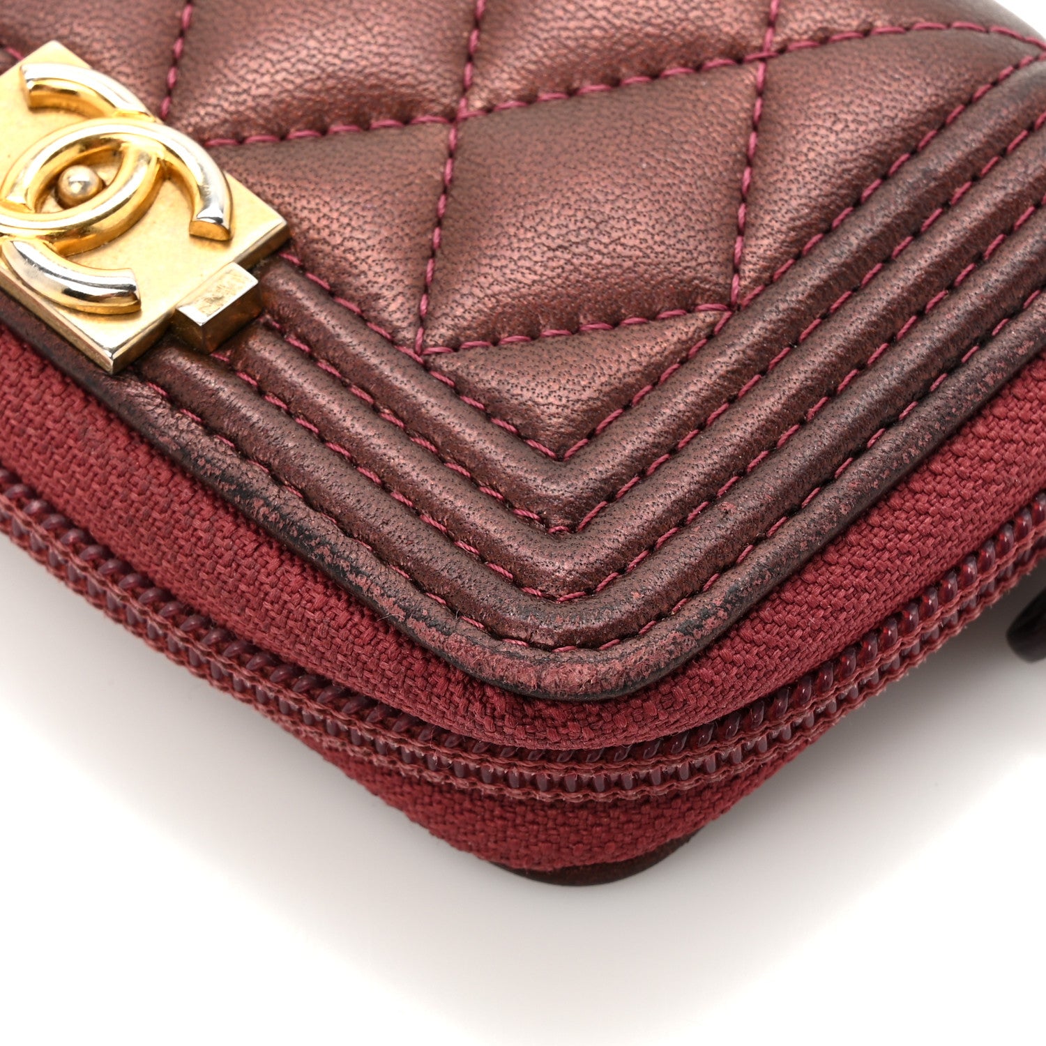Chanel Lambskin Quilted Boy Zip Around Coin Purse Wallet Burgundy 11 of 12