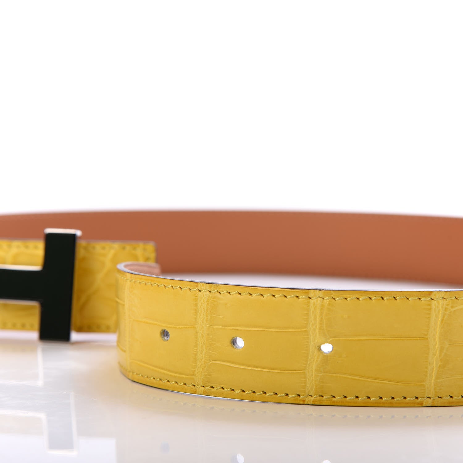 Hermes Shiny Porosus Crocodile 32mm Enamel Quizz H Belt 80 Mimosa 4 of 5