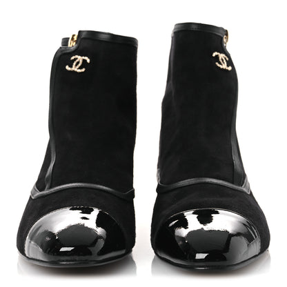 Chanel Suede Lambskin Patent Calfskin CC Cap Toe Ankle Boots 40 Black 3 of 12