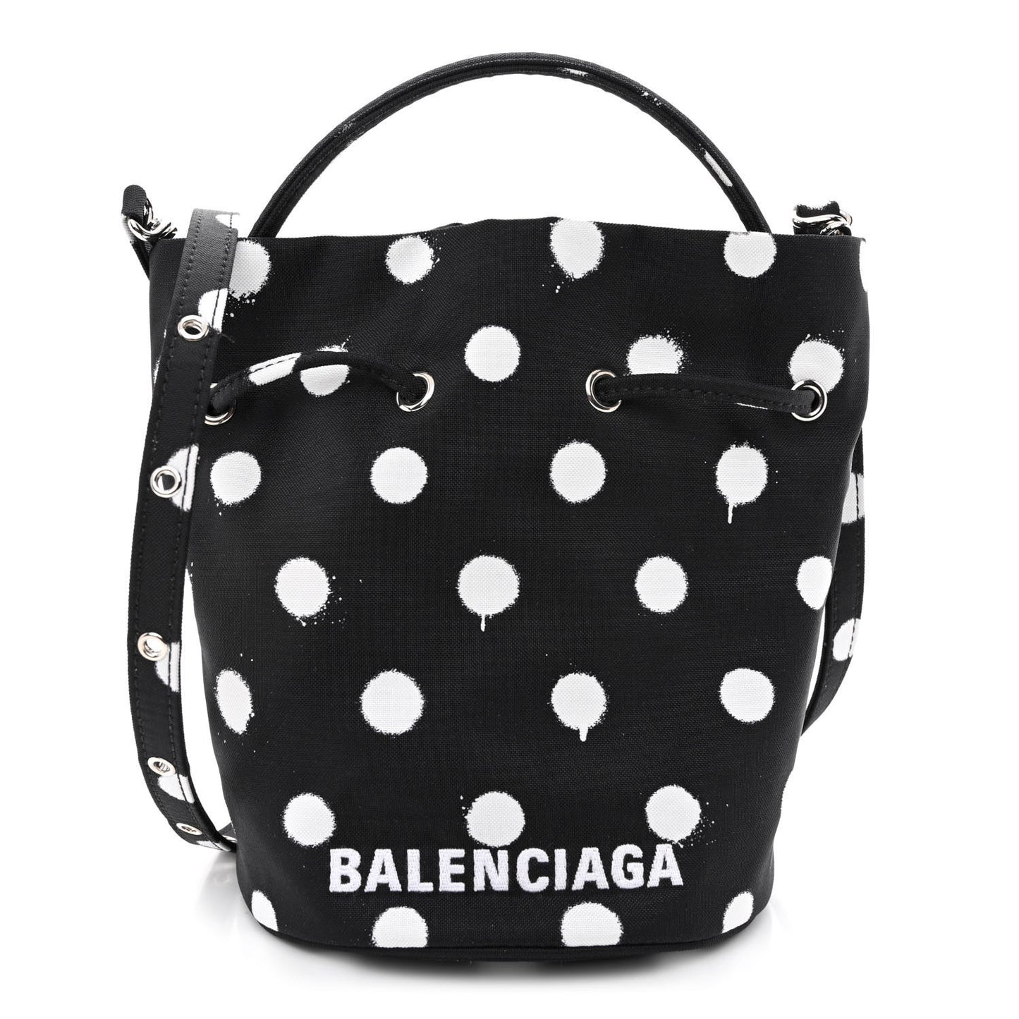 Recycled Sport Nylon Polka Dot Logo Embroidered Wheel Drawstring Bucket Bag Black White